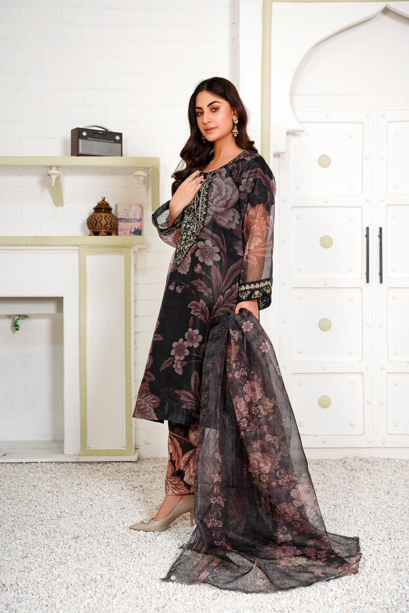 Black Embroidered Net 3PC Suit