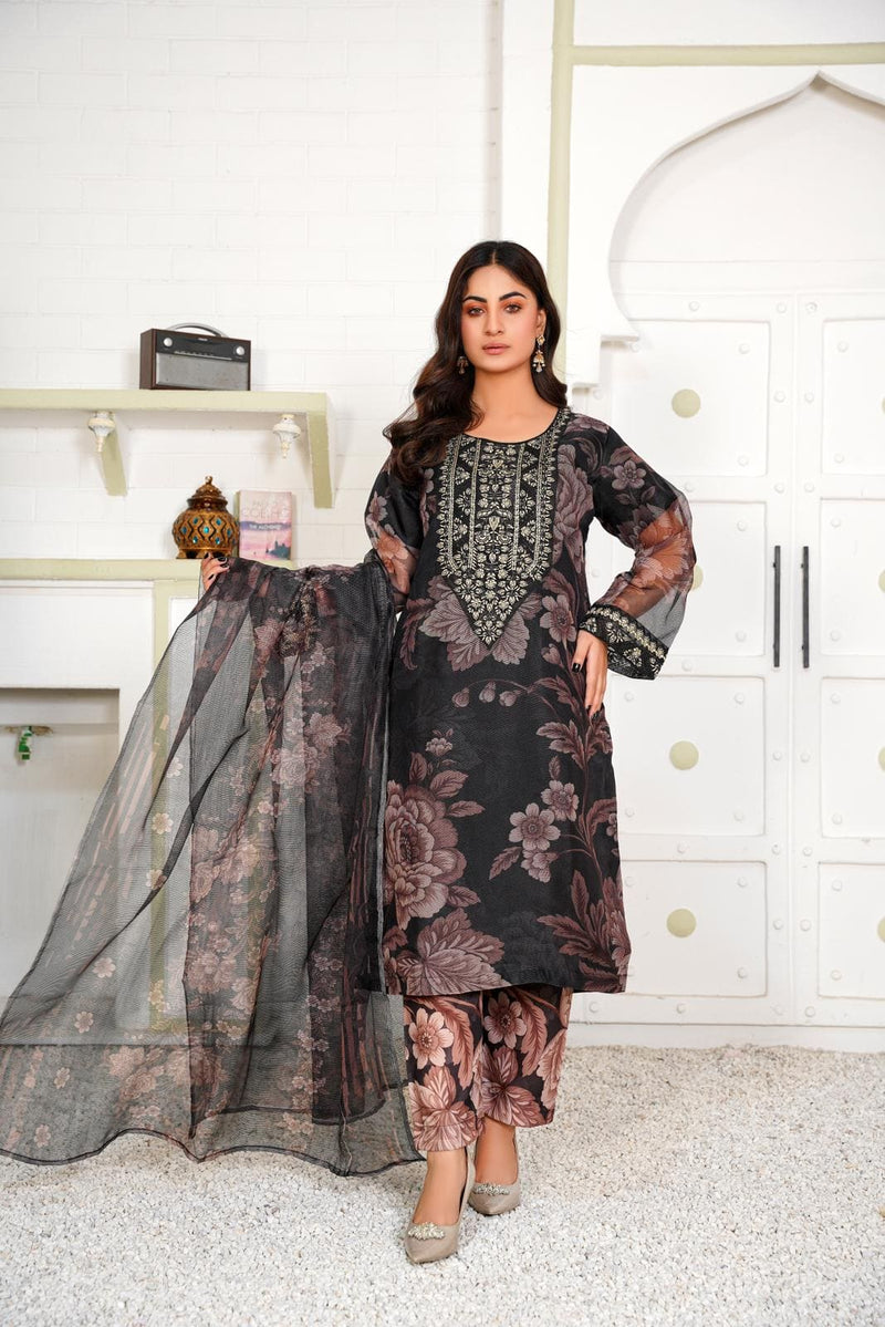 Black Embroidered Net 3PC Suit