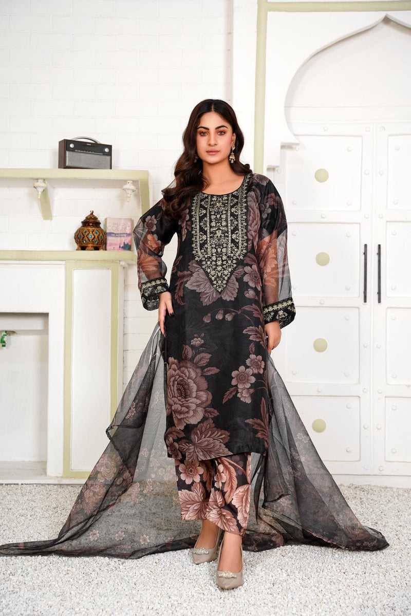 Black Embroidered Net 3PC Suit