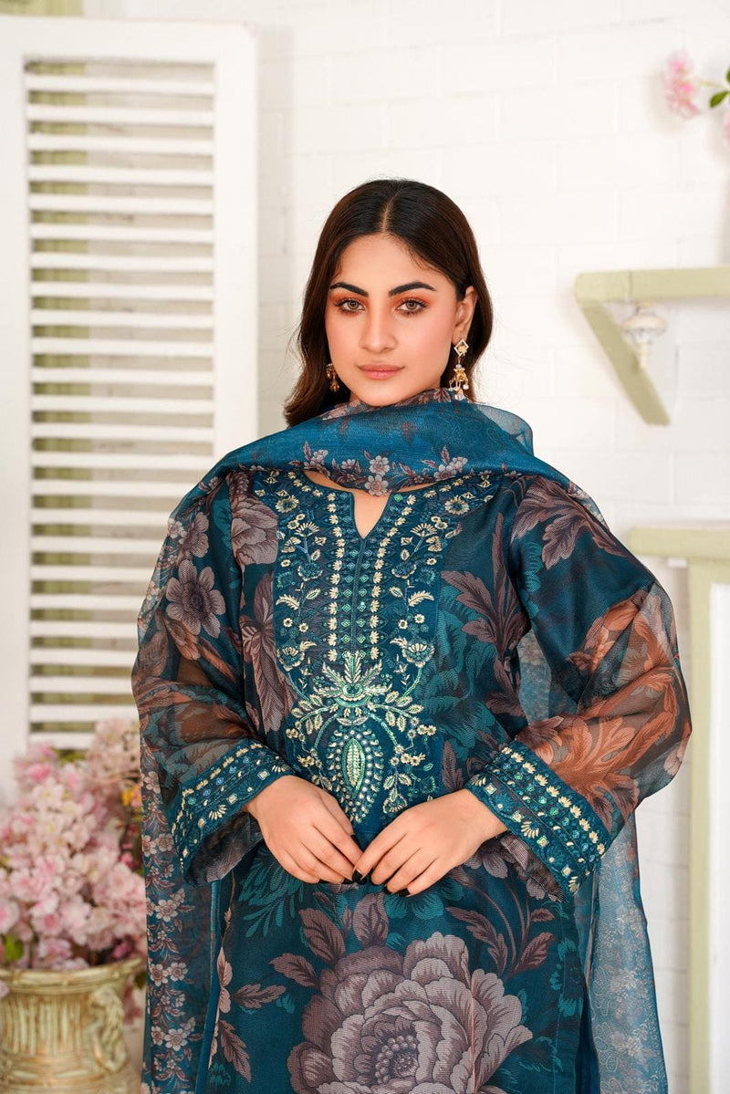 Blue Embroidered Net 3PC Suit