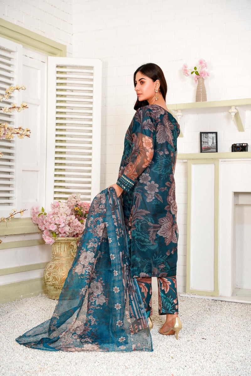 Blue Embroidered Net 3PC Suit