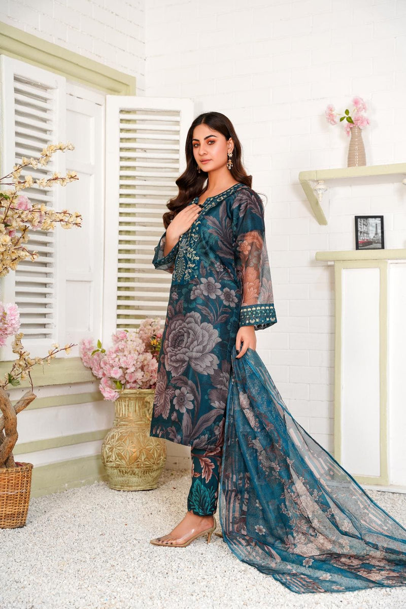 Blue Embroidered Net 3PC Suit