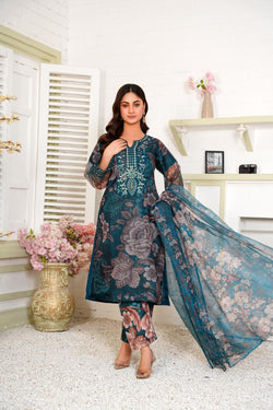 Blue Embroidered Net 3PC Suit